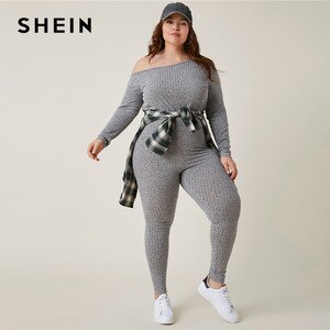 SHEIN Plus Size Grey Asymmetrical Neck Rib-knit Unitard Jumpsuit Women Spring Long Sleeve Skinny Rib-Knit Casual Jumpsuits