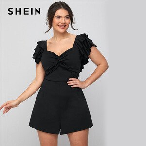 SHEIN Plus Size Sweetheart Neck Ruffle Trim Twist Romper Women Summer Crop Jumpsuit Cap Sleeve Solid Black Elegant Playsuits