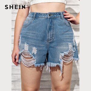 SHEIN Plus Size Ripped Distressed Denim Shorts Women 2021 Summer High Waist Zipper Fly Medium Wash Casual Wide Leg Shorts