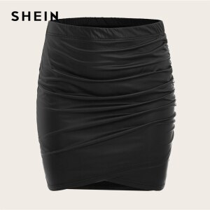 SHEIN Plus Size Black Ruched PU Leather Bodycon Skirts Womens Spring Solid Office Ladies Elegant Skinny Short Skirt