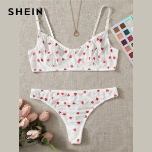 SHEIN Plus Size Heart Print Mesh Sheer Underwire Lingerie Set 2021 Women Spring White Cute Plus Sexy Sets