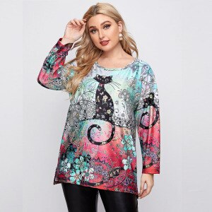 2021 Spring Autumn Casual T Shirt Women O Neck Long Sleeve Floral Cat Print Tee Shirt Loose Oversized Plus Size Women Clothing