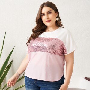 Summer New Women’s Plus Size Loose T-shirt 2022 Sequins Short Bat Sleeves O-neck Splicing Color Contras Sweet Crop Tops Clothing