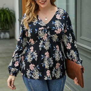 4XL Plus Size Blouse Women Fashion Cross V Neck Long Sleeve Floral Print Casual Blouse Shirt Large Size Ladies Tops