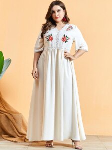 White Dress Plus Size Women Summer V Neck Half Sleeve Embroidery Floral Lace Patchwork Casual Dress Maxi Long Boho Dresses
