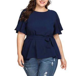 2020 Fashion Women Summer Chiffon Blouse Plus Size Female O Neck Split Ruffles Short Sleeve Casual Blouse Belted Ladies Tops