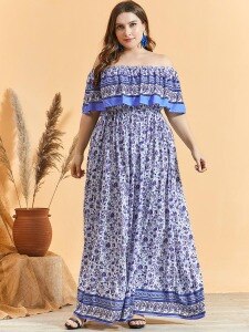 Boho Dress Bohemian Women Summer Slash Neck Floral Print Off Shoulder Ruffles Holidays Dress Plus Size Maxi Long Dresses