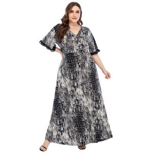 4XL 5XL Plus Size Dress Women Summer V Neck Short Sleeve Retro Printing Vintage Dress High Waist Maxi Long Dresses