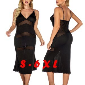 Plus Size 6XL 5XL Mesh Lingerie Women Sexy Splice Wireless Bra Backless undefined Sleeveless Nightdress Nightgown Black A50