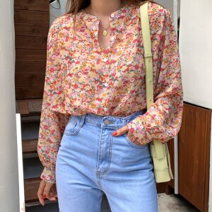 2020 Korean Fashion Women Summer V Neck Lantern Long Sleeve Floral Print Chiffon Blouse Shirt Plus Size 5XL Ladies Tops