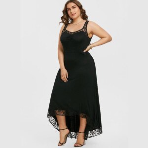 Vintage elegant Dress Women Summer Sexy Round Neck Lace Stitching Irregular Hem Solid Color Vest Dress plus size elegant dress