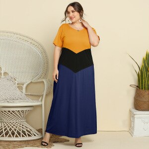 Loose Oversized Plus Size House Dress Women Summer O Neck Short Sleeve Contrast Color Patchwork Dress Maxi Long Dresses