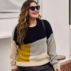 Plus Size Women’s Sweater Autumn Winter Long Sleeve Color Block Casual Knitted Sweater Women Jumpers Pullovers