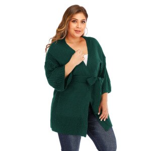 Plus Size Cardigan Women 2020 Autumn Winter Three Quarter Sleeve Knit Sweater With Belt Female Loose Oversized Jumper Jacket