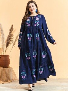 2020 Autumn Winter Dress Plus Size Women Long Sleeve Embroidery Floral Elegant Dress Loose Oversize Maxi Long Muslim Dress