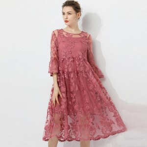 Korean Dress Spring Summer 2021 Fashion Women Embroidery Lace Floral Mesh See Through Sexy Party Dress Loose Plus Size Vestidos