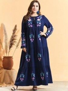 2021 Spring Long Sleeve Dress Elegant Embroidery Floral Long Dress Loose Plus Size Abayas Muslim Dubai Clothing