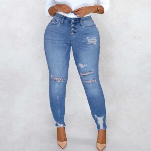 Women Fashion High Waist Ripped Hole Jeans Casual Streetwear Denim Pants Plus Size Slim Skinny Pencil Jeans
