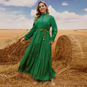 Spring Autumn Women Dress Plus Size 5XL Famale Stand Collar Long Sleeve Casual Boho Dress Green Maxi Long Dresses