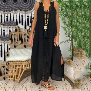 Women Dresses Soild Color Retro Plus Size Off Shoulder Sleeveless Party Bod-ycon Lace Harajuku Casual Long Dress Vestido Mujer