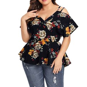 5XL Plus Size Blouse Women 2020 Fashion Summer V Neck Short Sleeve Cold Shoulder Blouse Floral Print Casual Blouse Tops