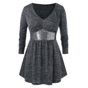 5XL Plus Size Long Blouse Women Spring Summer V Neck Long Sleeve Sequined Patchwork Elegant Blouse Solid Ladies Tunic Tops