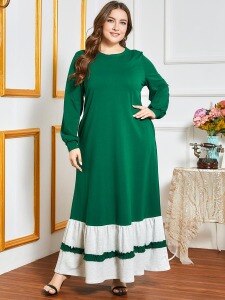 Loose Oversized Muslim Abaya Dress Women Autumn Winter Long Sleeve Contrast Color Patchwork Maxi Long Dress Plus Size Clothing