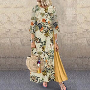 Plus Size Dress Summer Cotton Linen Women Floral Print Pacthwork Sundress Kaftan Vintage Long Vestido Robe Femme Maxi Dresses