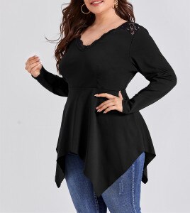 Plus Size Blouse Shirt Women 2021 Fashion V Neck Long Sleeve Lace Patchwork Irregular Blouse Black Elegant Ladies Tops