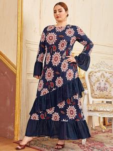 Plus Size Dress 2021 Spring Women Long Sleeve Geometric Print Ruffles Maxi Long Dresses Retro Vintage Women Clothing