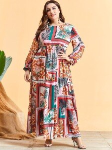 Plus Size Bohemian Dress Women Summer Long Sleeve Floral Print Boho Beach Dress High Waist Maxi Long Dresses