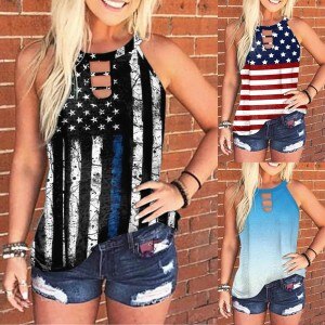 Plus Size Fashion Women Independent Day Print Sexy Strap Tops Loose Camisole Women Casual Tops Vest Sleeveless Female T-Shirt