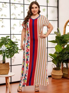 Plus Size Women Clothing 2020 Summer V Neck Short Sleeve Floral Striped Contrast Color Elegant Dress Loose Maxi Long Dresses