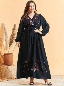Plus Size Autumn Dress Women 2020 Female V Neck Long Sleeve Embroidery Casual Dress Solid High Waist Maxi Long Dresses