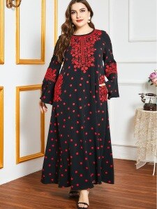 Plus Size Autumn Dress 2020 Women Long Sleeve Polka Dot Print Embroidery Floral Elegant Dress Pockets Loose Maxi Long Dresses