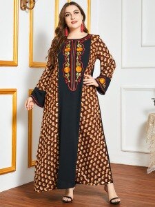 Plus Size Muslim Dress Women 2020 Autumn Winter Long Sleeve Retro Printing Vintage Dress Embroidery Abaya Dubai Islamic Clothing