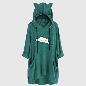 Plus Size Ear Hat Blouses Women Casual Mid-length Sleeves Cute Cat Printed Hooded Blouses Loose Pockets Drawstring Shirt Top