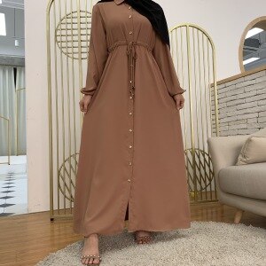 Plus Size Muslim Dress Dubai Women Turn Down Collar Long Sleeve Solid Casual Long Shirt Dress Turkey Islamic Clothing