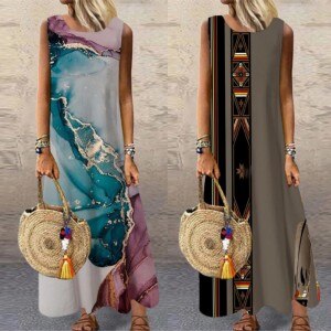 Ethnic printed Dresses For Women 2021 Fashion Sleeveless O-neck Flower Print Plus Size Loose Maxi Dress Plus Size Sundress A40