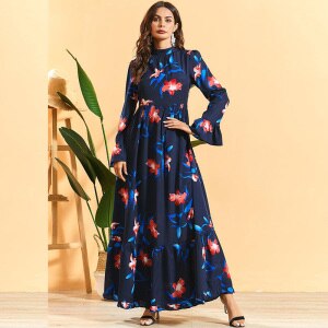 M-4XL Plus Size Floral Bohemian Dress Women Summer Turtleneck Long Sleeve Beach Dress High Waist Maxi Long Dresses