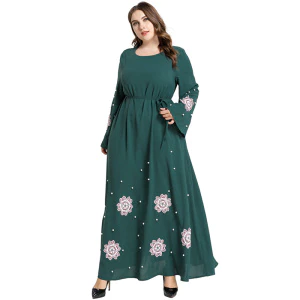 Abaya Dubai Dress Plus Size Women Flare Long Sleeve Embroidery Floral Beading Elegant Party Dress Green Maxi Muslim Dresses