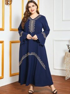 Spring Dress 2021 Plus Size Women V Neck Flare Long Sleeve Embroidery Long Dress Loose Oversized Plus Size Women Clothing