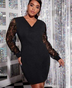 4XL Plus Size Dress Women Summer V Neck Lace See Through Long Sleeve Slim Bodycon Dress Black Short Mini Dresses