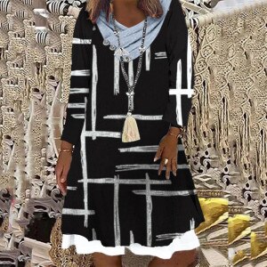 Women Fake Two Piece Casual Dress Button Pile Collar Long Sleeve Dress Female Color Block Loose Plus Size Dresses 2021
