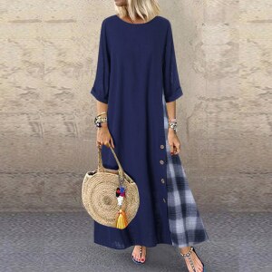Plaid Vintage Stitching Dress Women’s Maxi Sundress 2020 Summer Half Sleeve Casual Vestidos Female Plus Size Maxi Long Dresses