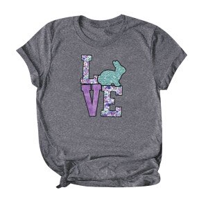 Womens Love Bunny Tshirt Plus Size 5XL Cute Adorable Easter Sunday Rabbit Tee for Ladies O-Neck Short Sleeve Tops Clothes A20