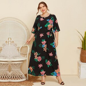 2021 Summer Casual Dress Women O Neck Short Sleeve Floral Print Boho Beach Dress Maxi Long Plus Size Women Clothing