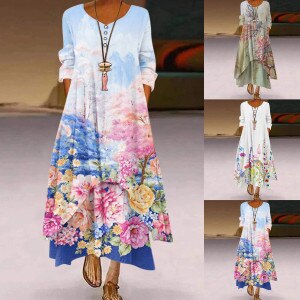 2021 Plus Size Women Summer Print Stitching Flower Casual Long Party Dress Bodycon Elegant Sexy Woman Maxi Dress A40