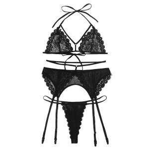 New Women Plus Size Lingerie Lace Bra+Thong Underwear Set Black Sleepwear See Through Bra and Panty Set sujetador encaje A50