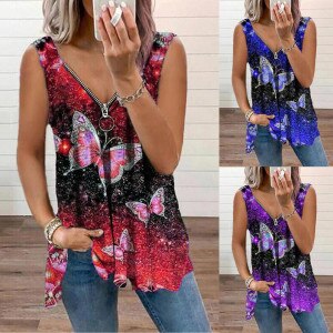 2021 Summer New Fashion Women's V Neck Cartoon Face Casual Loose Vest Zipper Printing Plus Size Pullover Sleeveless T-Shirt